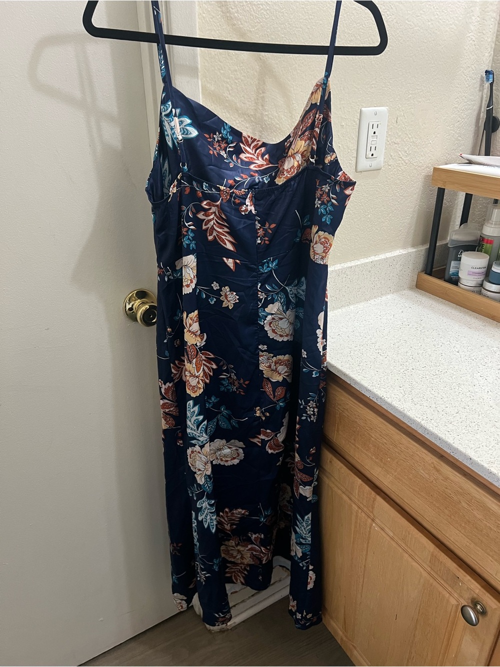 Navy Floral Slip Dress with Spaghetti Straps - Picture 3 of 4